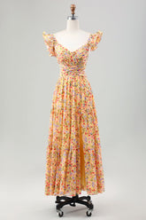 Gelbe Blume A Linie V-Ausschnitt Print Plissee Hochzeitsgastkleid mit Schlitz
